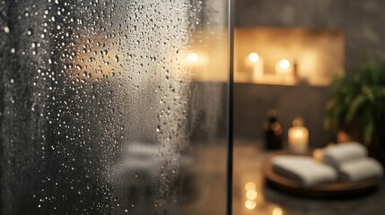 Condensation and water drops covering a glass shower door, with a blurred bathroom scene behind.