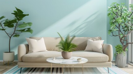 Stylish living room with cool mint blue wall, beige loveseat, minimal plants, and marble coffee table in coastal villa,