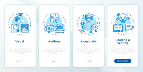 Learning styles blue onboarding mobile app screen. Education walkthrough 4 steps editable graphic instructions with linear concepts. UI, UX, GUI template. Montserrat SemiBold, Regular fonts used