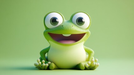 Obraz premium A Happy Green Cartoon Frog Sitting on Green Background