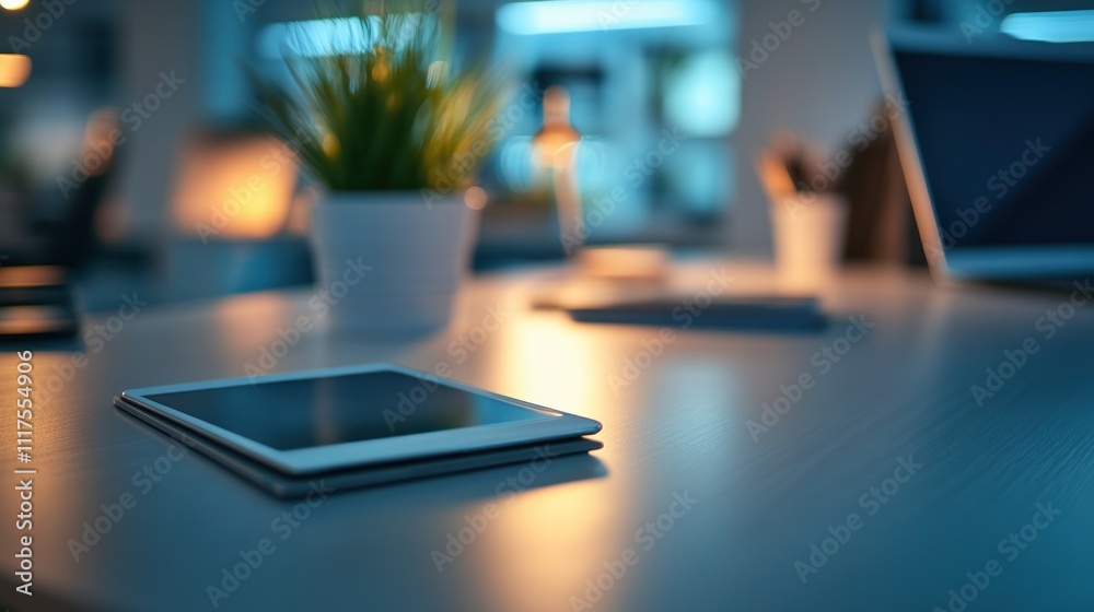 Poster modern tablet resting on a desk in a modern office