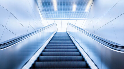 Obraz premium A modern, sleek escalator rises towards a brightly lit ceiling, embodying futuristic architecture with its smooth, metallic finish and minimalist design.
