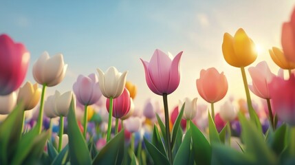Colorful Tulips Bloom in a Sunny Spring Field