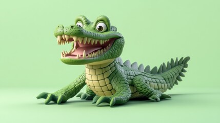 Fototapeta premium Happy Cartoon Crocodile Posing Against Green Background