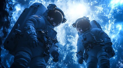 Astronauts explore the depths of space amid a brilliant celestial backdrop