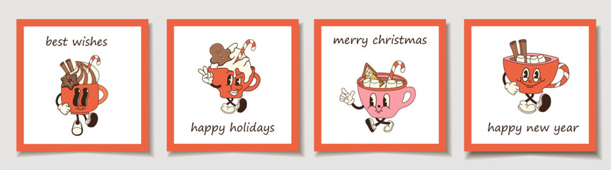 Fototapeta premium Set of Holiday cards with retro cartoon cup of hot chocolate with marshmallows and a candy cane. Greeting cards.