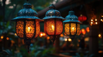 Three ornate hanging lanterns glowing at dusk.