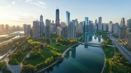 Fototapeta premium Panoramic sunrise view of city skyline with river and park.