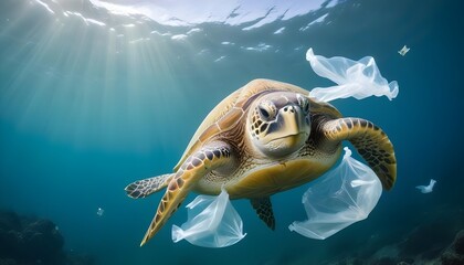 Obraz premium A green sea turtle swimming through the ocean, surrounded by plastic bags and other debris