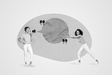 Creative photo 3d collage artwork poster of two funny girl communicating bad idea plan stop talk...