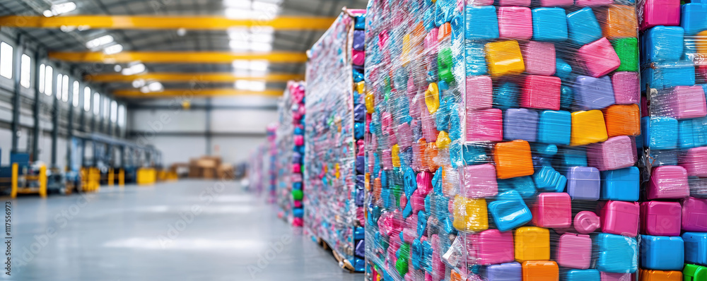 Poster vibrant colored foam blocks stacked in a warehouse for production and distribution.