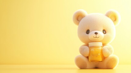 Adorable Teddy Bear Holding Jar Of Honey On Yellow Background