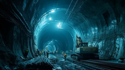 Workers Constructing a Large Underground Tunnel