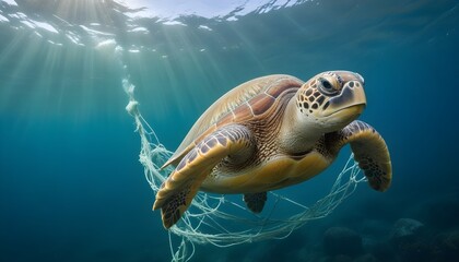 Fototapeta premium A green sea turtle swimming through the ocean, surrounded by plastic bags and other debris