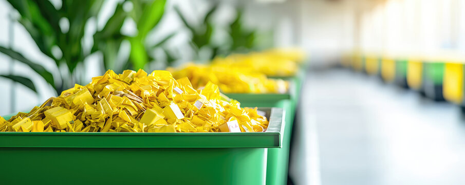 Vibrant yellow recycling bins filled with plastic waste in a modern facility.