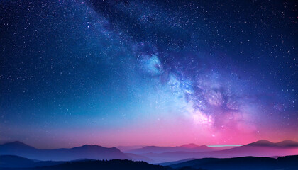 Fototapeta premium Enchanted Celestial Landscape: Twilight Sky Merging Stars and Mountains