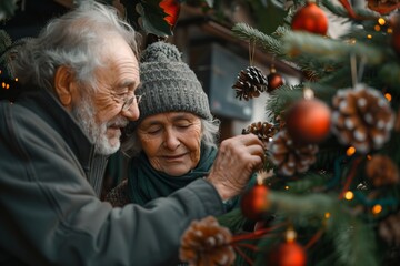 Elderly couple joyfully decorating a Christmas tree together with love and care.