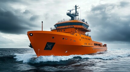 Orange Vessel Navigating Stormy Seas