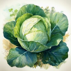 Fototapeta premium Beautiful watercolor cabbage illustration, perfect for eco-branding and food blogs showcasing organic produce.