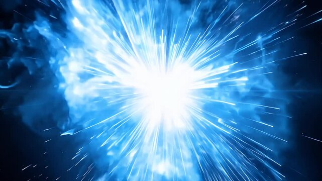 Blue and white plasma energy blast with glowing particles shooting in all directions