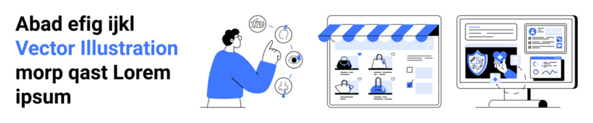 Man interacting with online store icons beside storefront and cybersecurity dashboard with shield and lock. Ideal for e-commerce, cybersecurity, online shopping, digital marketing, data protection