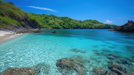 An idyllic cove with crystal clear water where crew members can swim and relax on their day off.