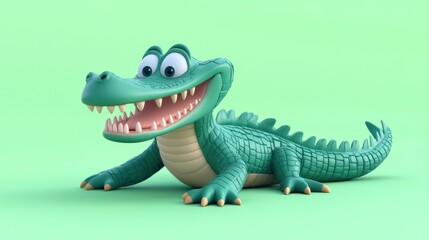 A Happy Cartoon Crocodile Lies on Green Background