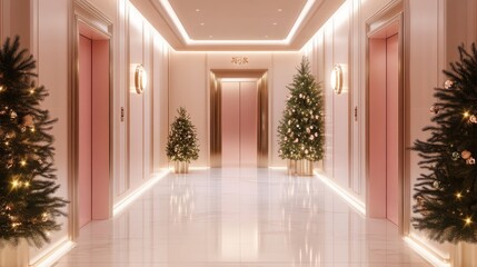Fototapeta premium Modern Elevator doors of office or hotel hallway,holiday season decor with christmas tree,Lobby interior, corridor in house with lift,Black elegant lift for passenger or cargo elevators,copy space.