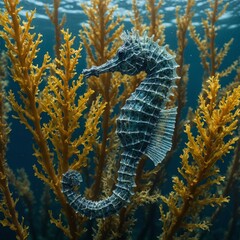 Fototapeta premium A unique seahorse swimming delicately through seaweed fronds.