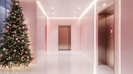 Fototapeta premium Modern Elevator doors of office or hotel hallway,holiday season decor with christmas tree,Lobby interior, corridor in house with lift,Black elegant lift for passenger or cargo elevators,copy space.