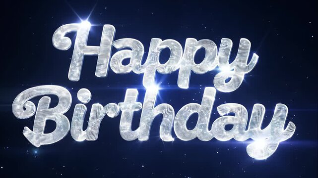 Luminous Happy Birthday text with sparkling blue and silver light effects inside each letter, glowing like starlight