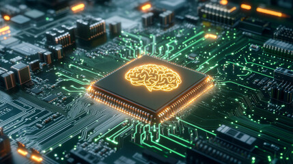 Fototapeta premium detailed image of circuit board featuring central processing unit with glowing brain design, symbolizing advanced technology and artificial intelligence