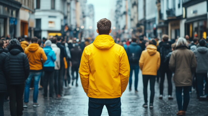man in bright yellow jacket stands confidently among crowd in bustling street, showcasing vibrant contrast against muted tones of surroundings