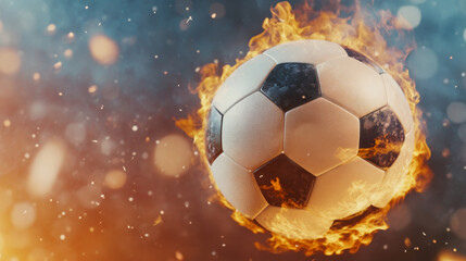 Naklejka premium soccer ball ablaze, soaring through air with flames surrounding it, creates dynamic and intense visual. fiery effect adds excitement and energy to scene