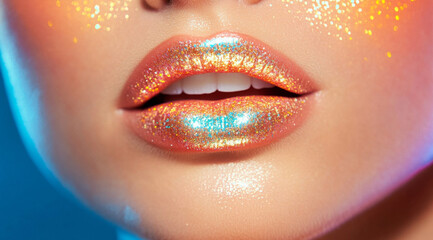 Fototapeta premium Close up of lips with glitter, showcasing beautiful woman with radiant makeup. shimmering effect adds vibrant touch to overall look, creating eye catching appearance