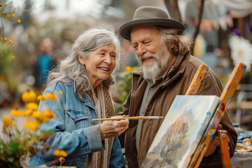 Happy elderly couple enjoying painting together in a vibrant outdoor setting.