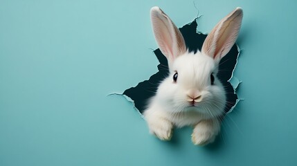 Obraz premium Cute rabbit emerging from tear in blue wall indoor whimsical scene