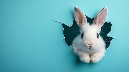 Obraz premium Curious rabbit peeking through tear in blue wall whimsical scene