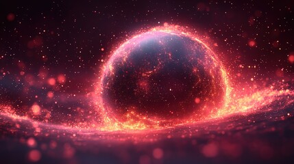 Obraz premium Stunning Cosmic Scene with Glowing Orb Surrounded by Fiery Particles and Colorful Nebula in a Vast Universe, Perfect for Science Fiction Themes and Artistic Exploration
