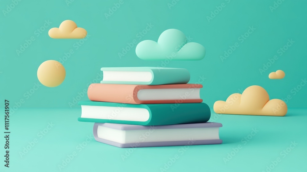 Poster Stacked Books With Cartoon Clouds Floating Above