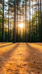 Obraz premium A serene forest scene with tall trees bathed in warm sunlight, casting long shadows on a carpet of golden pine needles.