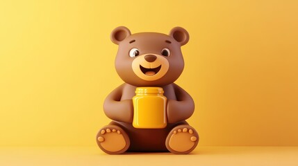 Happy Brown Bear Holding Honey Jar On Yellow Background