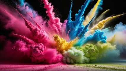 Explosive color powder burst with vibrant hues on a dramatic black background