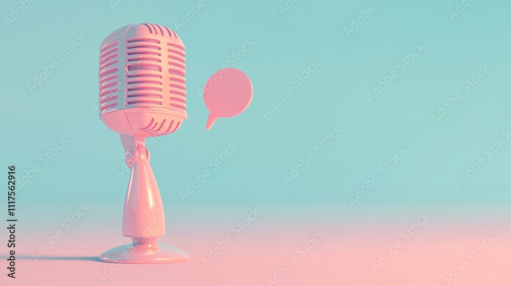 Poster pink retro microphone with speech bubble on pastel background