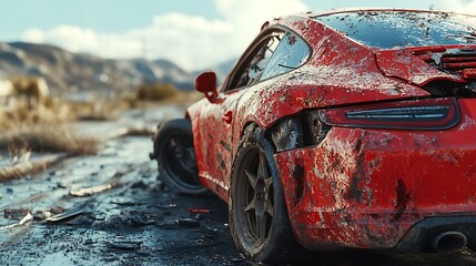 Abandoned red sports car remote road urban decay outdoor close-up