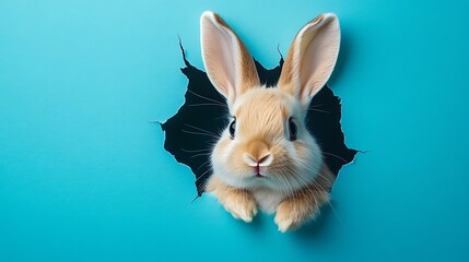Obraz premium Cute rabbit in studio photo breaking through wall blue background