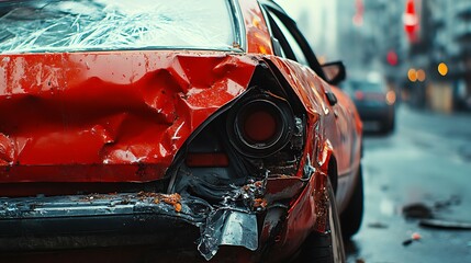 Red car damage after city street accident close-up