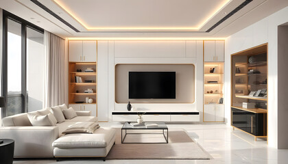 A modern living room built-in with white tv cabinet  gold stanless fitting and sofa.