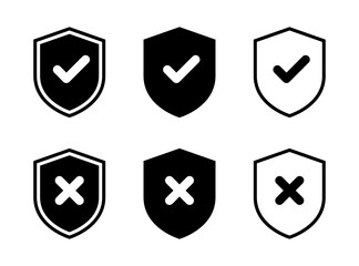 Shield with check mark and cross icon set. Safe and unsafe defense concept