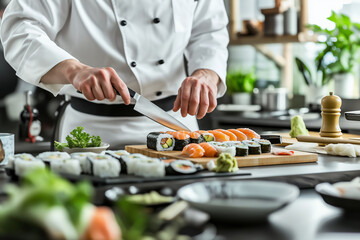 Chef slicing fresh sushi rolls in a modern kitchen